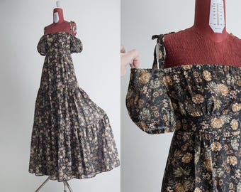 vintage 1970s boho maxi dress floral brown romantic prairie peasant off shoulder empire waist long tiered skirt regency party dress xxs xs
