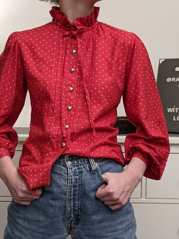 ditsy floral tie collar ruffle blouse in red with