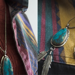 feather turquoise sterling silver handcrafted pendant necklace vintage liquid silver southwest necklace large pendant