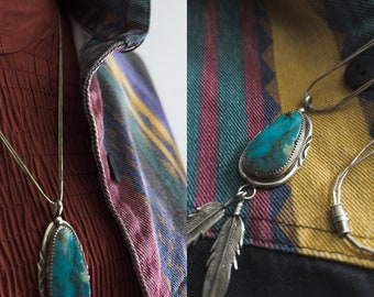 feather turquoise sterling silver handcrafted pendant necklace vintage liquid silver southwest necklace large pendant