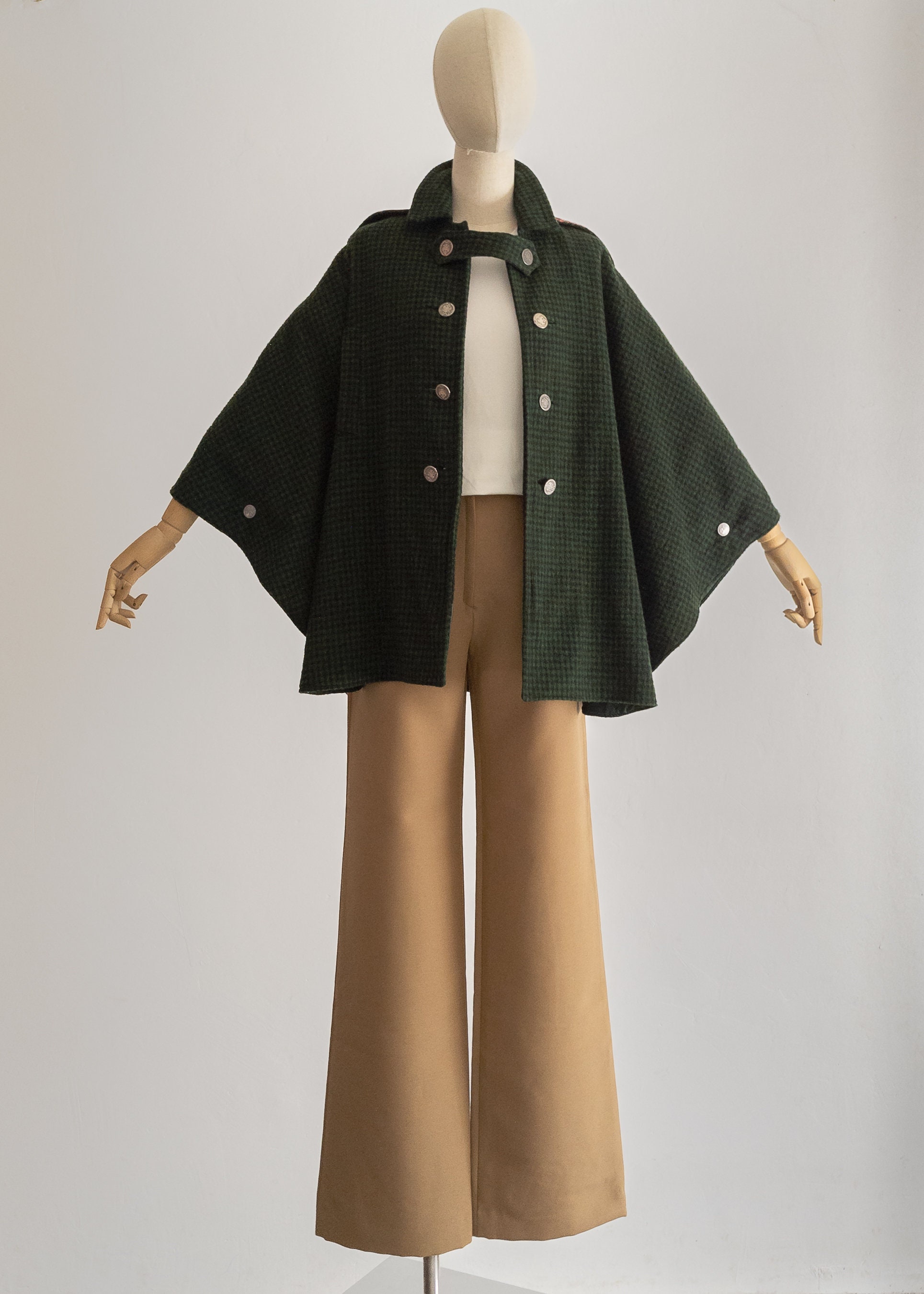 1960s Loden Plankl Cape With Hood Earthy Green Shepherd Check