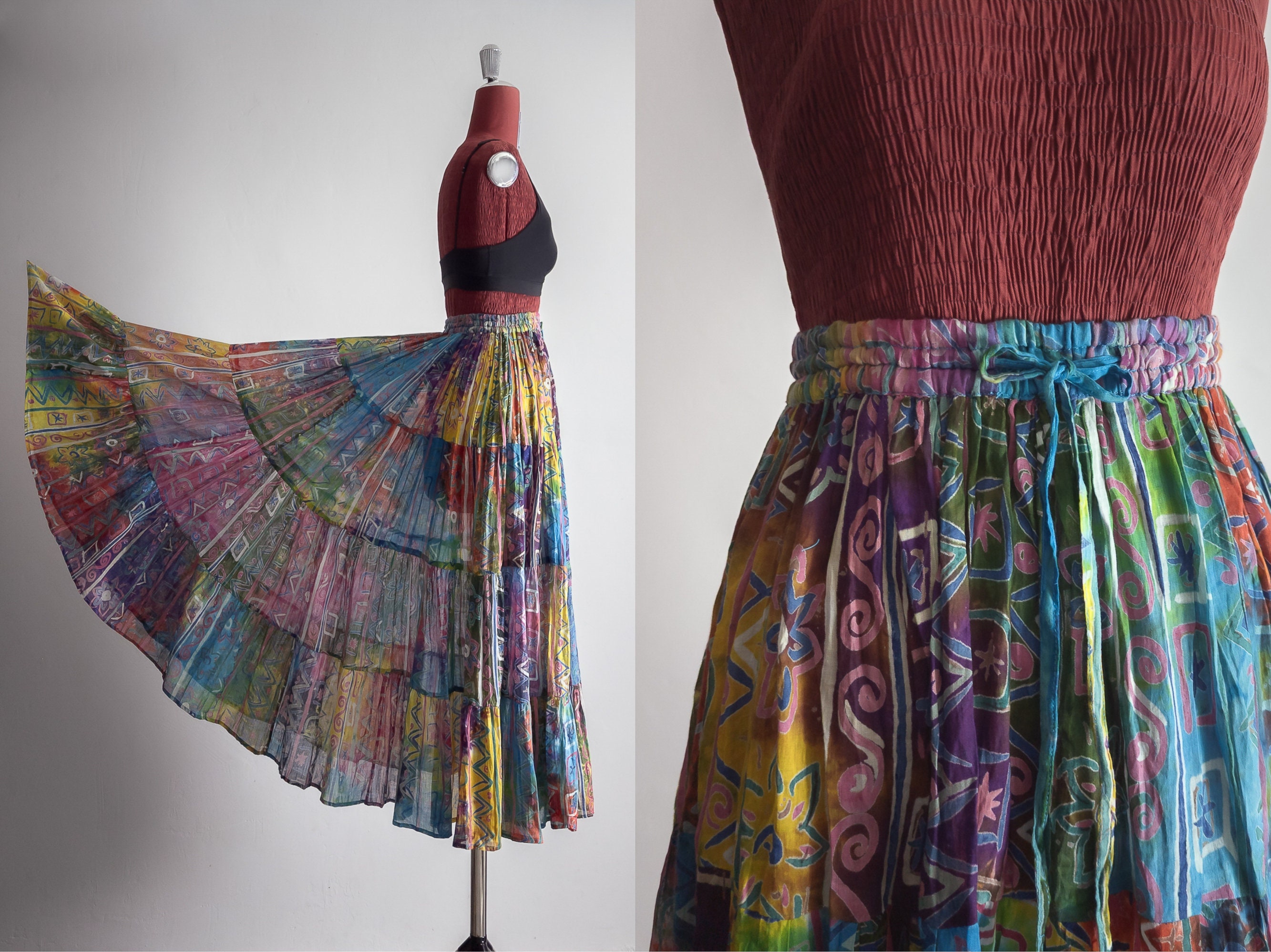 1970s 1980s Phool full broom skirt tiered airy gauze cotton summer long skirt gypsy boho muslin cotton 4 tier broomstick skirt one size