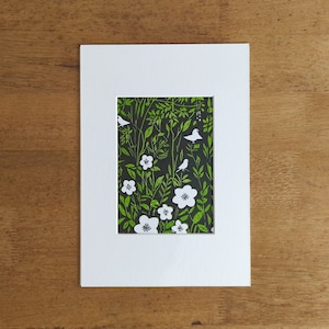 linocut print nature wall art, garden birds singing, linocut print original, flowers and birds wall art, white and green flower wall decor