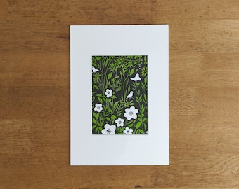 linocut print nature wall art, garden birds singing, linocut print original, flowers and birds wall art, white and green flower wall decor