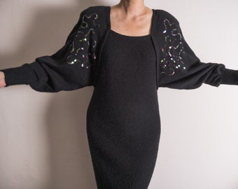 sequin sweaterdress vintage 1980s disco rib knit dress batwing sleeve black ribbed acrylic jersey bodycon dress. stretchy sweater dress