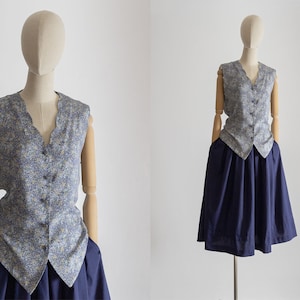 1990s Laura Ashley blouse top rayon lawn vest, ditsy floral, cinched waist tie back sleeveless shirt, scalloped v neck, covered button front
