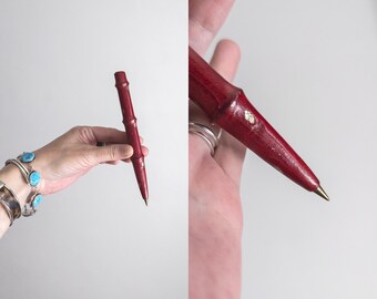 italian leather cover bamboo ballpoint pen – burgundy genuine leather with gold fleur-de-lis embossing, brass tip