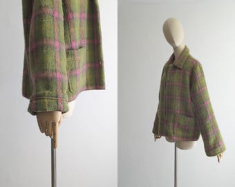 fuzzy lightweight jacket - apple green/pink plaid (s/m/l)