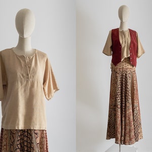 1970s Adini raw cotton sack henley top, feed sack tan blouse, short cotton tuni | small - medium
