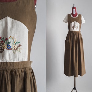 linen gardening dress, almond flax pinafore apron dress, vintage 1960s embroidered bib pinafore dress with pocket - small - medium