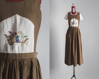 linen gardening dress, almond flax pinafore apron dress, vintage 1960s embroidered bib pinafore dress with pocket - small - medium