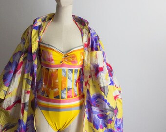 vintage 1990s italian beach dress, swimsuit cover up, blooming beachdress shirt for summer days - small/medium/large/one size