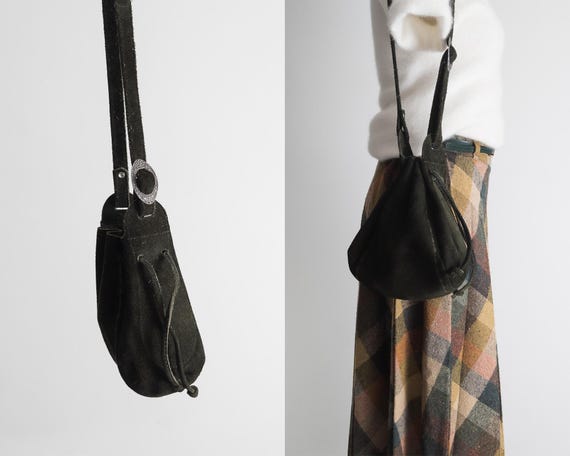 Vintage Suede Drawstring Pouch Bag Boho Forest Green  display picture 2