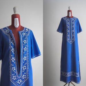 embroidered thai cotton kaftan maxi dress - blue/white - ladies - vintage/retro - s/m/46