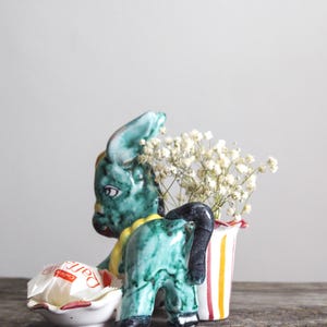vintage italian ceramic donkey with tiny vase and saucer – mid-century hand-painted collectible, rustic home decor, unique figurine