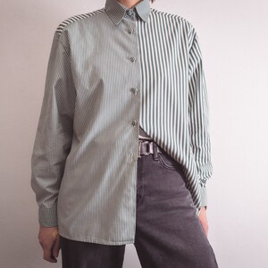 preppy striped dress shirt vintage 1980s 1990s by Comtesse, sage green and white vertical stripes and gingham/vichy check/plaid cotton image 3