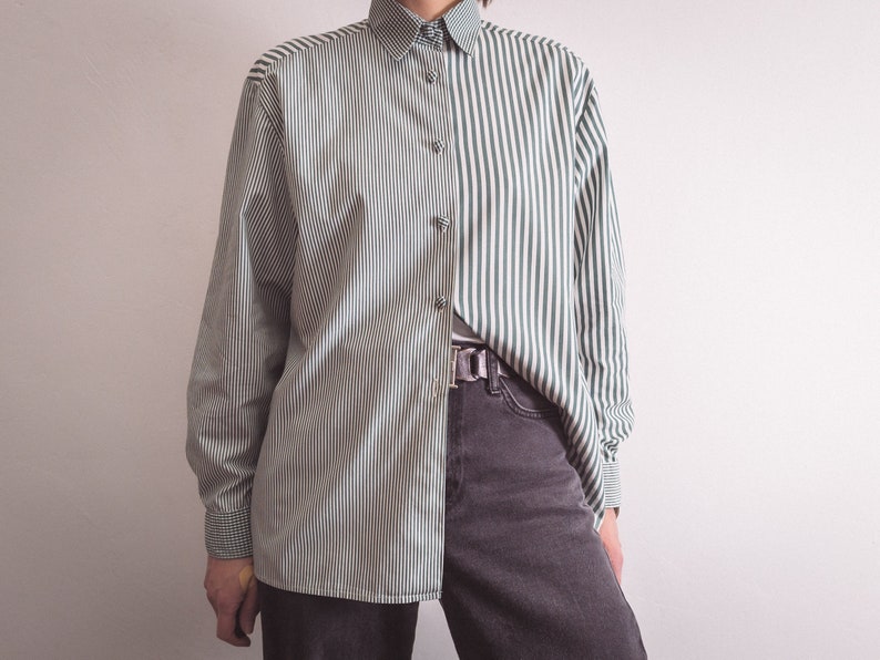 preppy striped dress shirt vintage 1980s 1990s by Comtesse, sage green and white vertical stripes and gingham/vichy check/plaid cotton image 3