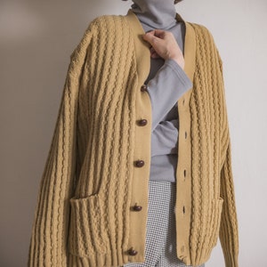 dusty mustard textured cardigan vintage 1970s Keynote knitwear men's classic v-neck boyfriend cardigan with pockets and contrast button down