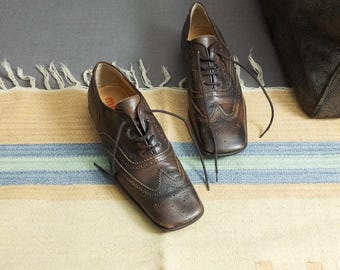 vintage walnut leather square toe derbies | brogue detail | spike sole | minimalist designer shoes | size 8 1/2