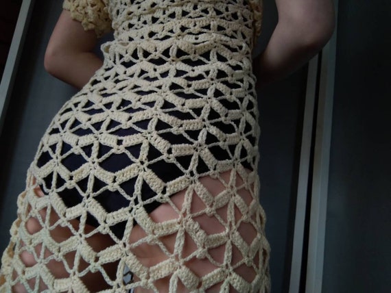 60s open crochet knit dress bohemian vintage used|