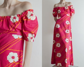 1970s Kaisu Heikkila Oy Finland hot pink floral printed thick cotton blend long dress, off shoulders, puffy sleeves, empire waist | xxs - xs