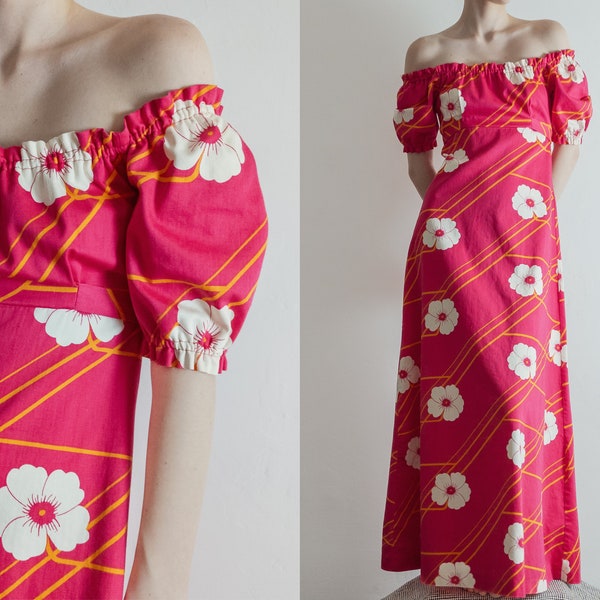 1970s Kaisu Heikkila Oy Finland hot pink floral printed thick cotton blend long dress, off shoulders, puffy sleeves, empire waist | xxs - xs
