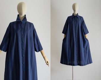 1970s 1980s Marimekko Suomi Finland tent dress, two tone navy stripe printed cotton, button front, open elbow sleeve lightweight duster coat