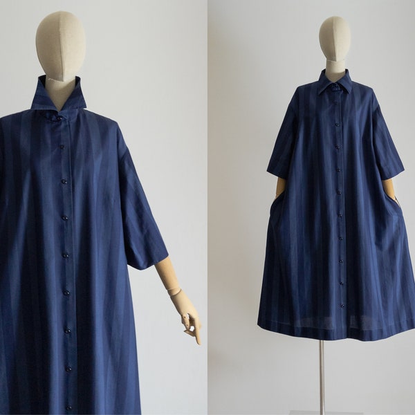 1970s 1980s Marimekko Suomi Finland tent dress, two tone navy stripe printed cotton, button front, open elbow sleeve lightweight duster coat