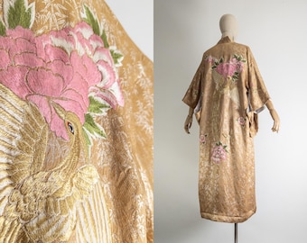 vintage japanese brocade kimono robe, gold peanut-butter bamboo brocade, embroidered phoenix, butterfly & floral, 51" length, s–m