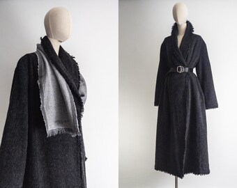vintage soft wool fringled duster wrap coat - heather charcoal - oversized women's one size