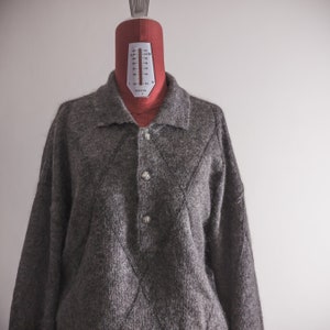 Italian mohair blend polo sweater vintage 1990s Bizzarro Italy virgin wool blend eyelet-argyle knitting long sleeve preppy men&#39;s knitwear