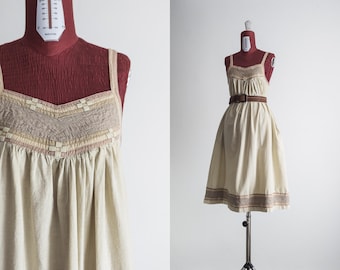 vintage 70's indian boho nap dress - muted herbal green/beige - xs/s/m