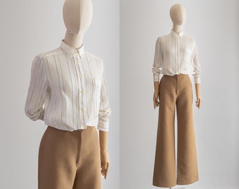1970s Kitex slim fit shirt button-down collar, two-tone pinstripe white shirt, crinkle pure cotton voile, women's preppy style 60s 70s shirt