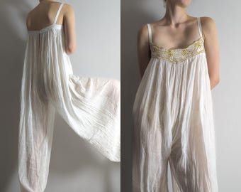 indian 60s boho white gauze jumpsuit w/gold embroidery by free look. spaghetti strap petite jumpsuit. harem pants semisheer jumpsuit xs/s