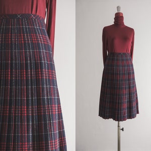 tartan boucle pleated plaid skirt vintage 90s by Hammer calf length dark tweed skirt with pleats. navy blue, red, and white tartan designs