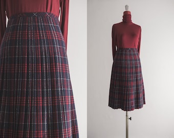 tartan boucle pleated plaid skirt vintage 90s by Hammer calf length dark tweed skirt with pleats. navy blue, red, and white tartan designs