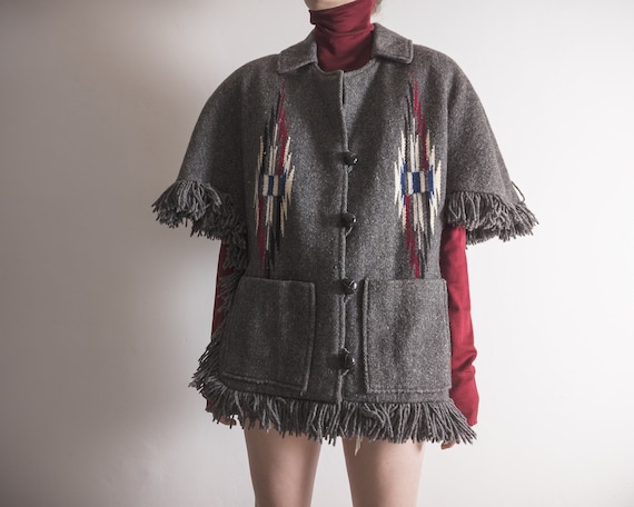 Chimayo Wool Poncho Blanket Cape Fringed Coat Vintage 70s Ortega's