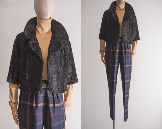 black Persian lamb fur bolero vintage 1950s curly lamb short opera coat Old Hollywood bespoke made astrakhan karakul furry cropped jacket