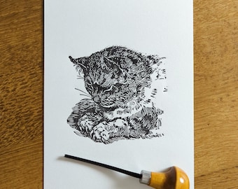 SLEEPING CAT original lino cut print, cat lover gift for her