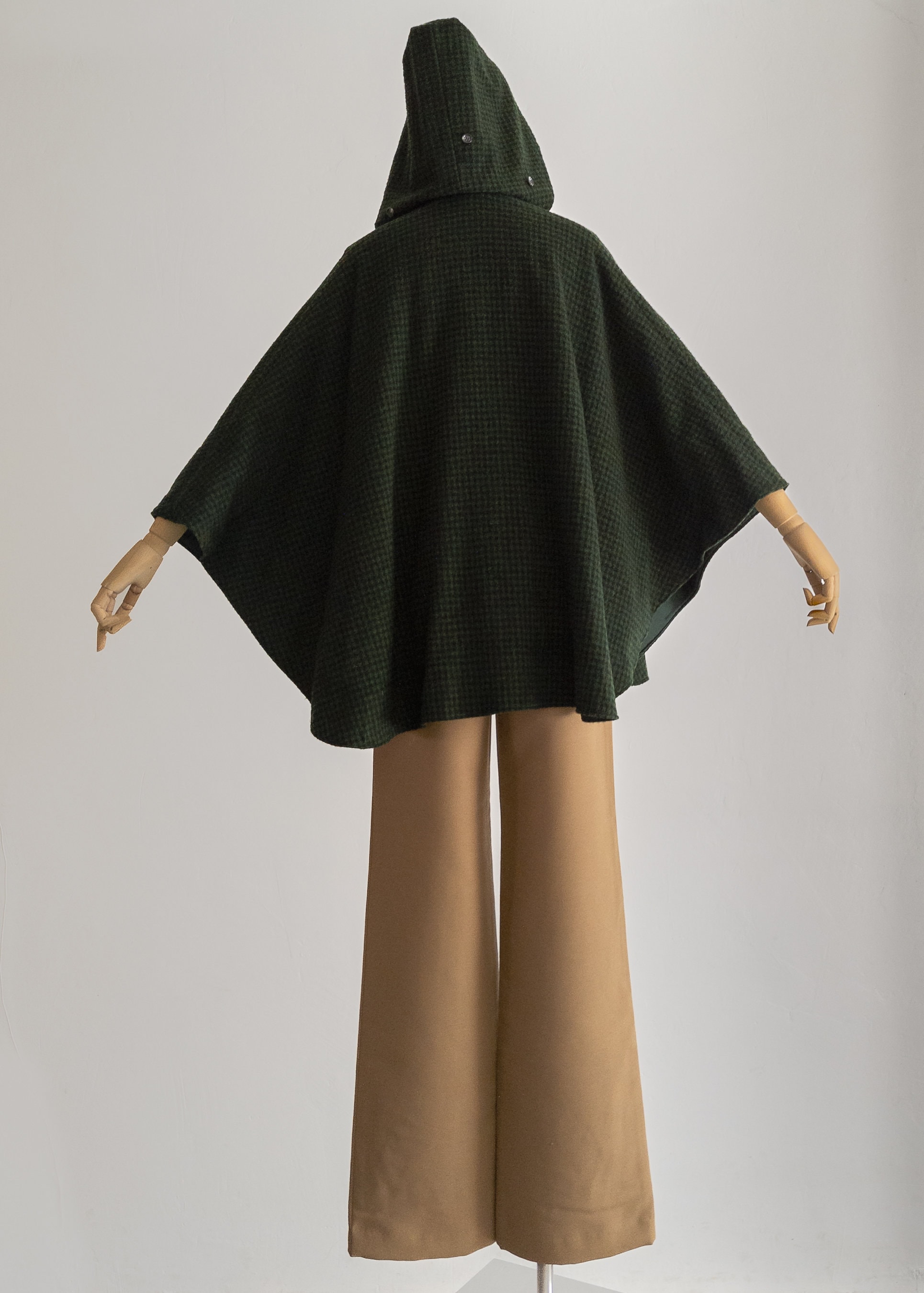 1960s Loden Plankl Cape With Hood Earthy Green Shepherd Check