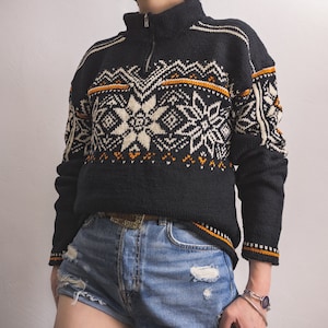 Nordic hand knit zip neck sweater fair isle black white rust wool quarter-zipper sweater vintage Norwegian colorwork women&#39;s zipper pullover