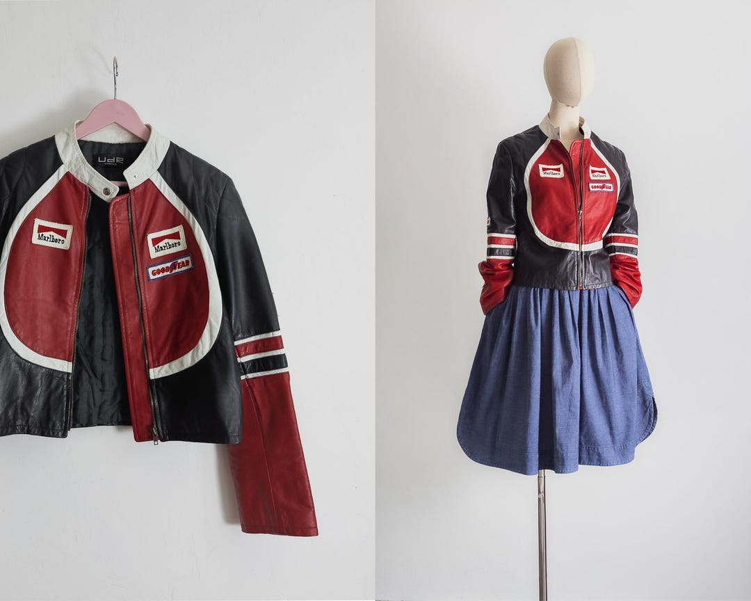 Colorblock Racing Jacket Vintage Cropped Fashion Racing Jacket, Race Sponsor Patches, Red Black ...