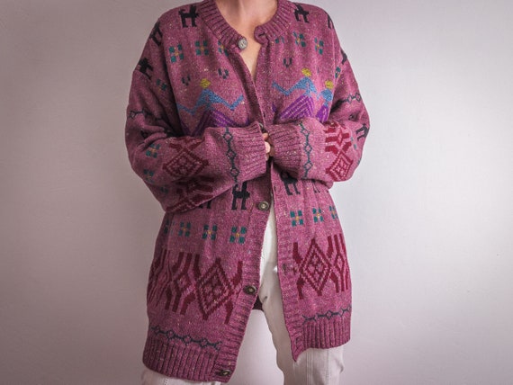 Italian aztec llama intarsia knit cardigan sweate… - image 3