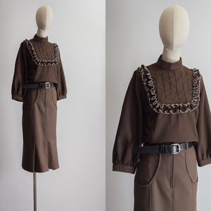 chestnut blouse vintage fashion collection 60s-70s does victorian edwardian frills ruffle pintucked blouse high neck button-back - m/l