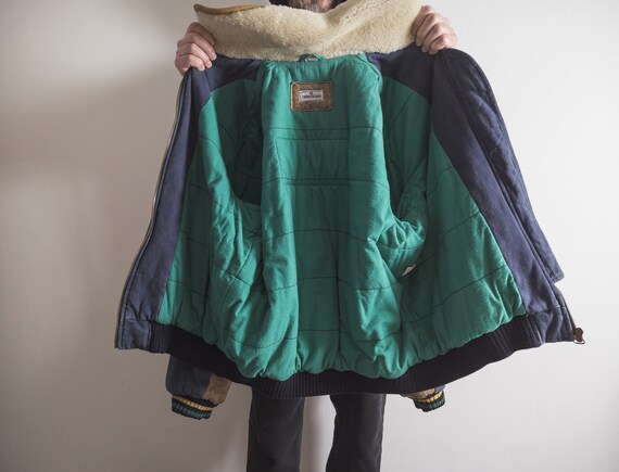 Canvas Bomber Jacket With Sherpa Leather Collar and Leather
