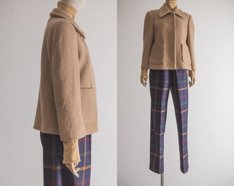 crepe wool cropped coat vintage 50s 1960s light mocha brown crop short one button jacket with pockets, Old Hollywood, tailored bespoke made