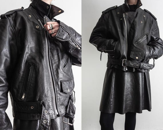vintage men's leather motorcycle jacket oversized iconic biker style, thick leather, diamond quilted lining, ykk, collectible, movie fashion