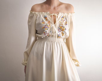 romantic milkmaid dress vintage 1970s dreamy dress white sesame color semisheer polyester crepe