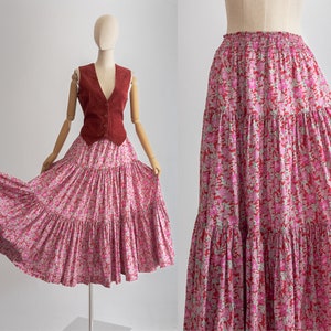 late 1980s Laura Ashley floral skirt tiered full midi in cute mauve pink ditsy floral on the burgundy background, smocked elastic waistband