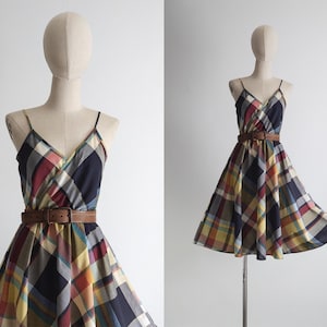 vintage 1980s autumn plaid strappy dress – lightweight cotton blend, fit & flare, elastic waist, fits xs to m